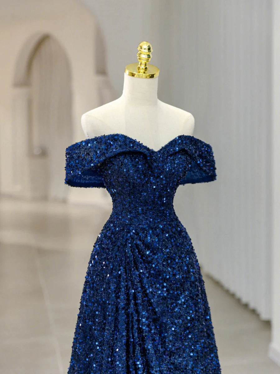 Blue Sequins Long Prom Dress, Off the Shoulder Blue Evening Dress TP435