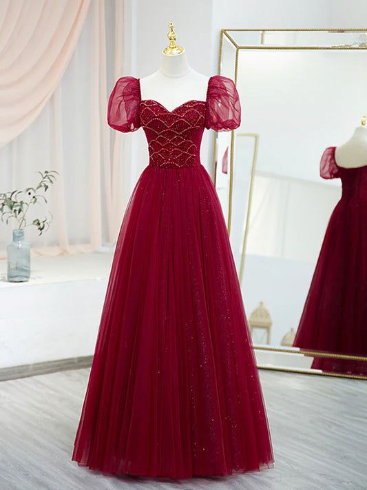Burgundy Tulle Beaded Long Prom Dress, A-Line Short Sleeve Evening Dress TP440