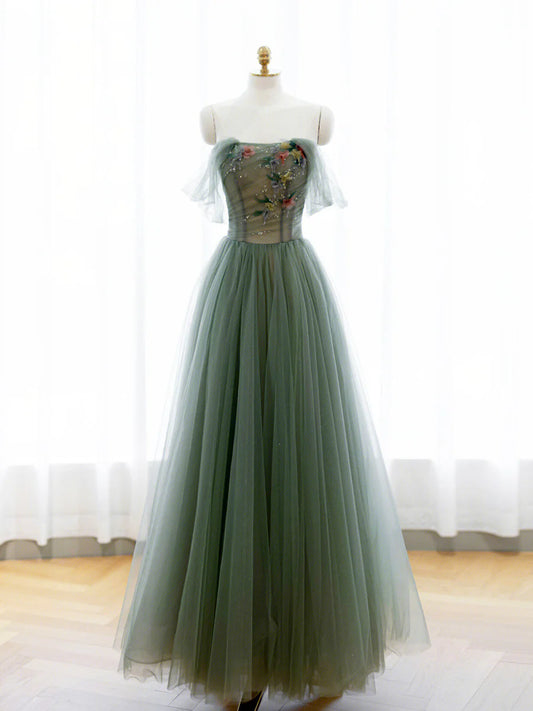 A-Line Green Tulle Long Prom Dress, Off the Shoulder Evening Party Dress TP443