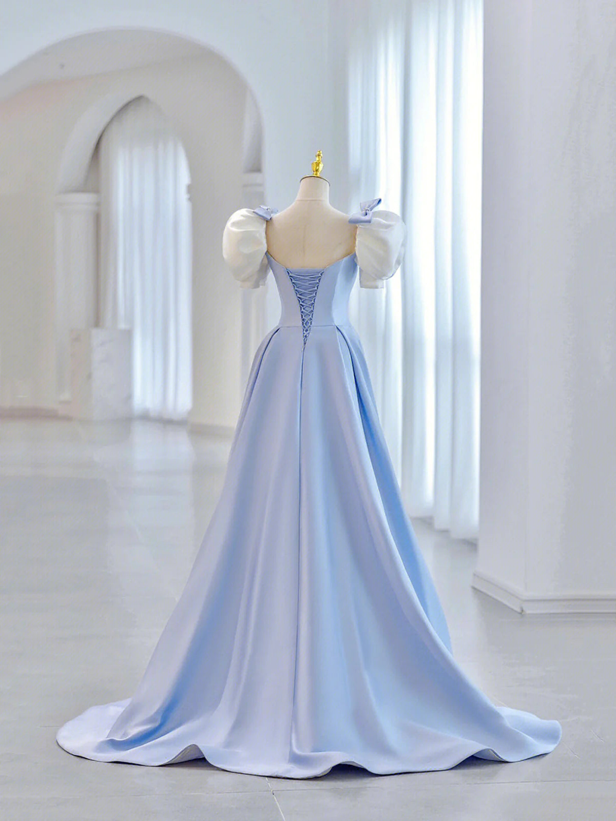 Blue Short Sleeve Saitn Formal Evening Dress, Cute A-Line Junior Prom Dress TP444
