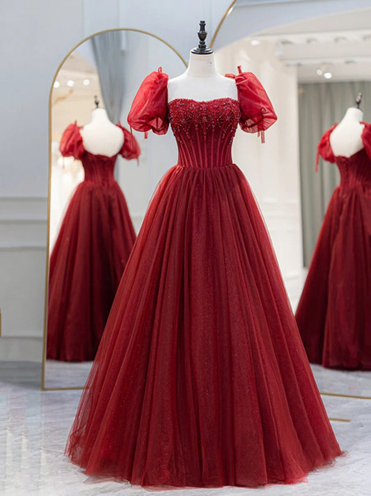 Burgundy Tulle Beaded Long Prom Dress, A-Line Short Sleeve Evening Dress TP446