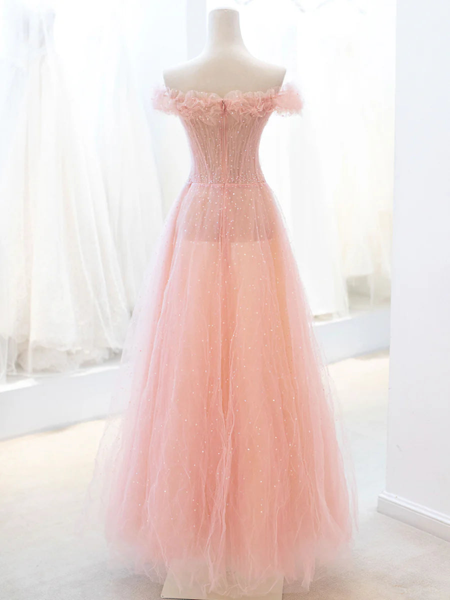 Pink Tulle Sequins Long Prom Dress, A-Line Lovely Evening Party Dress TP447