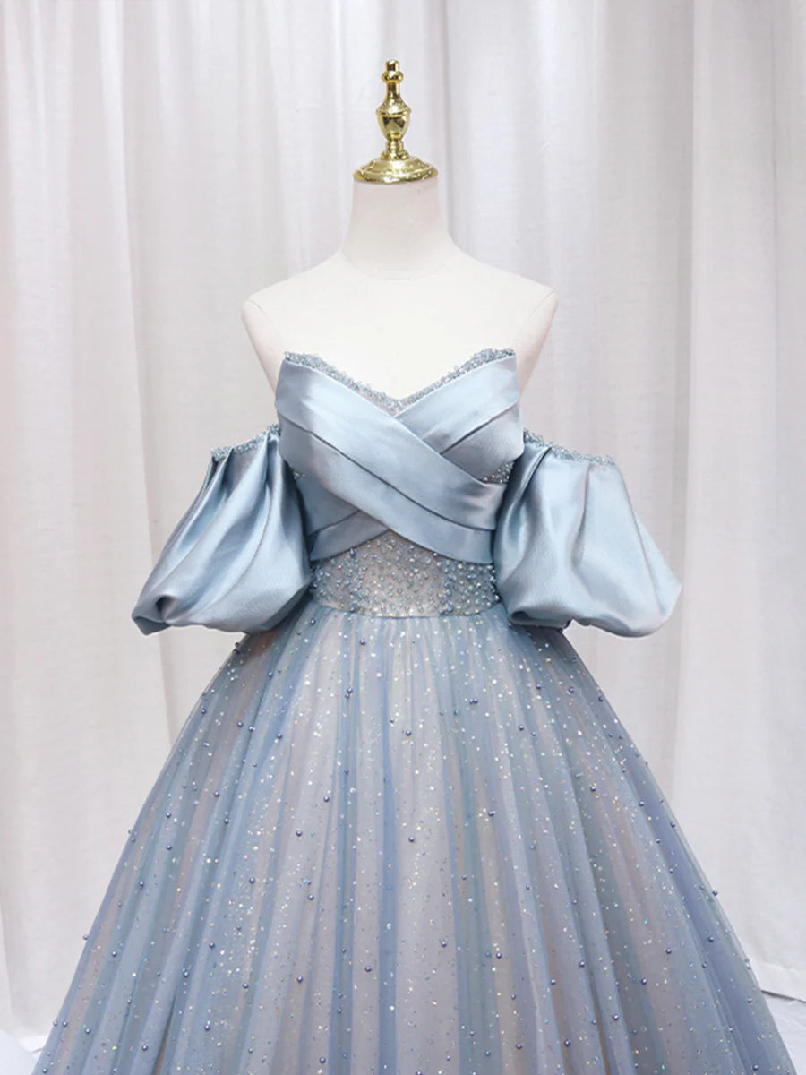 Blue Puff Sleeve Long A-Line Prom Dress, Off the Shoulder Formal Evening Dress TP449