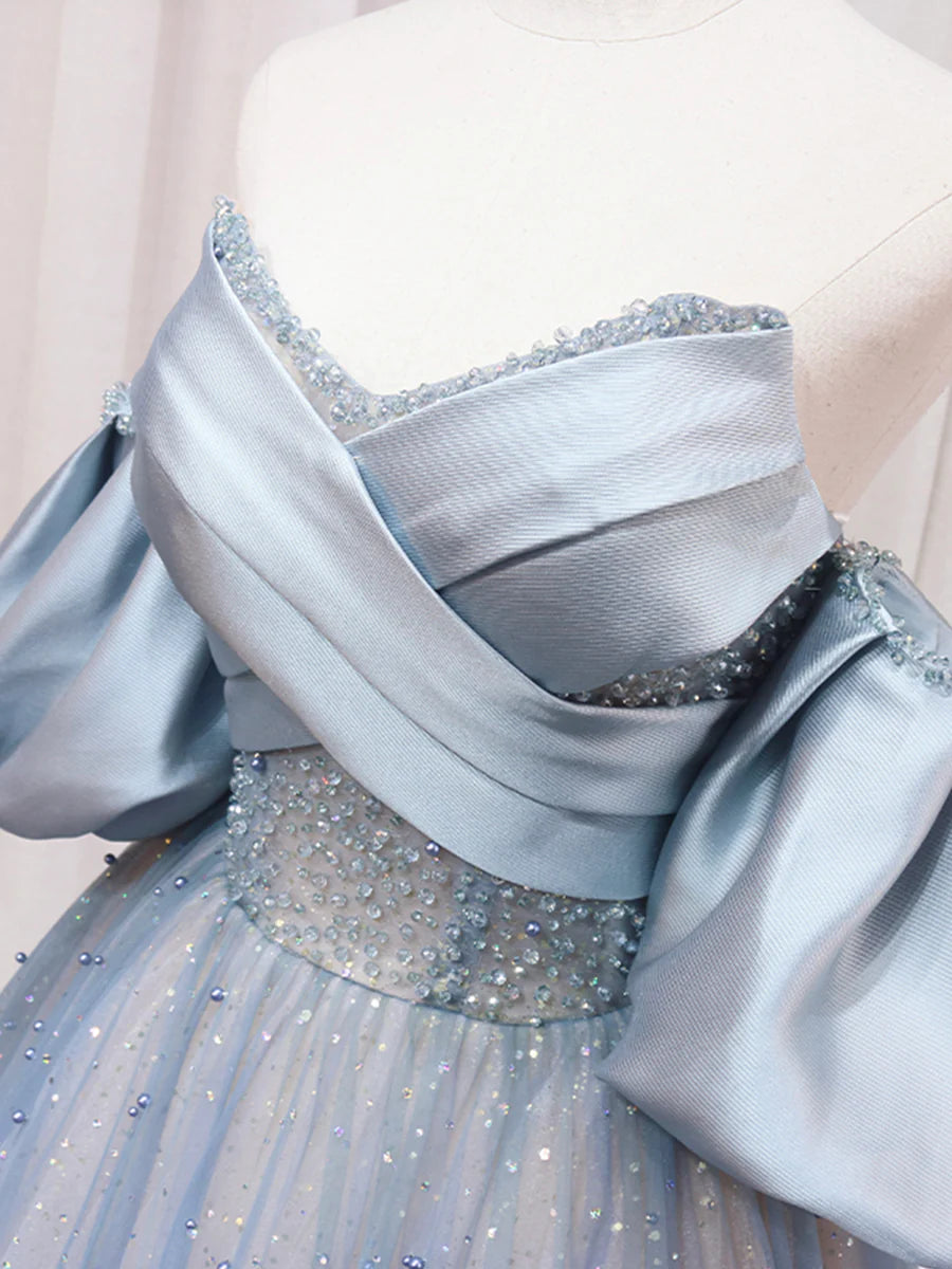 Blue Puff Sleeve Long A-Line Prom Dress, Off the Shoulder Formal Evening Dress TP449