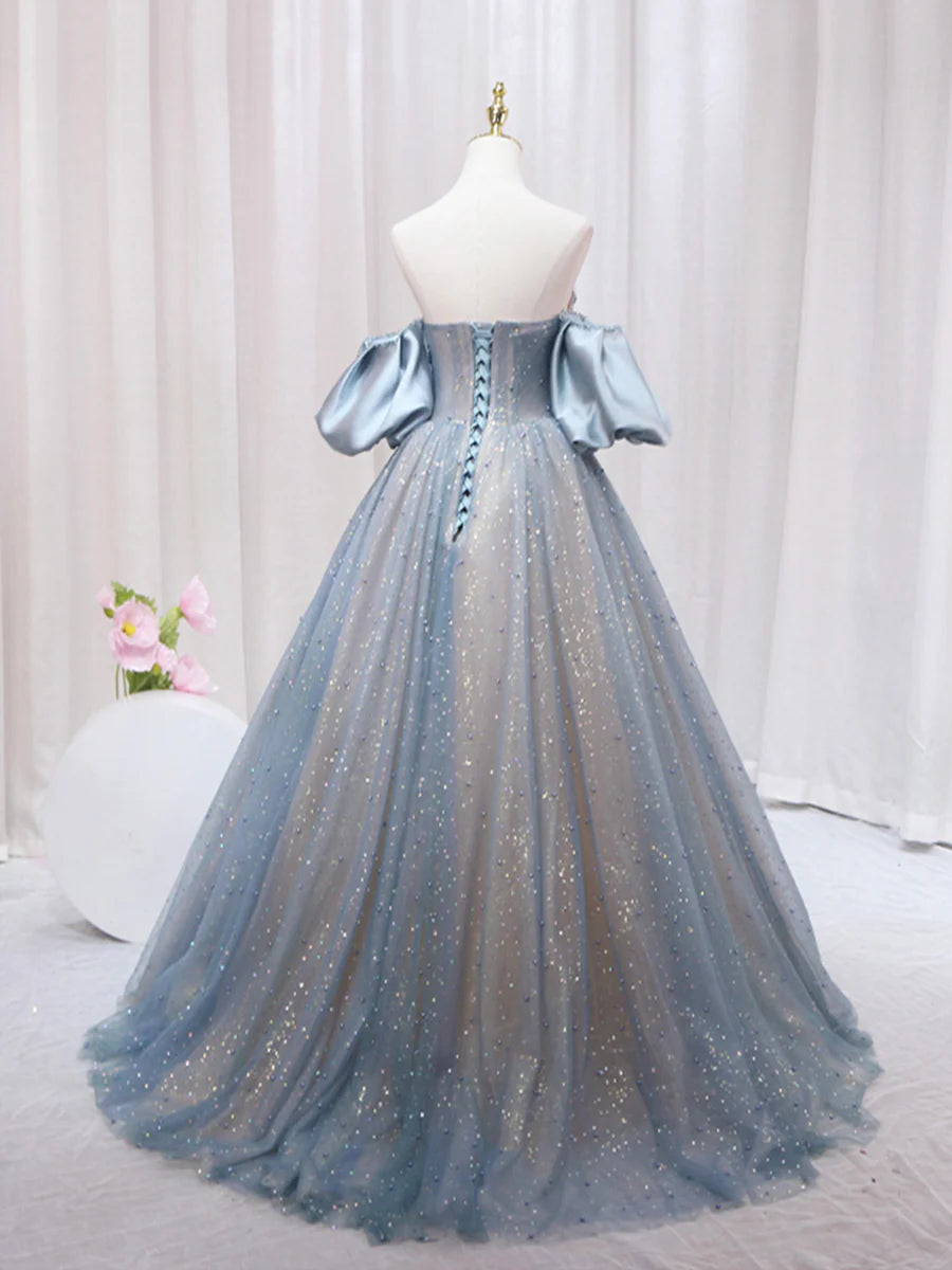 Blue Puff Sleeve Long A-Line Prom Dress, Off the Shoulder Formal Evening Dress TP449