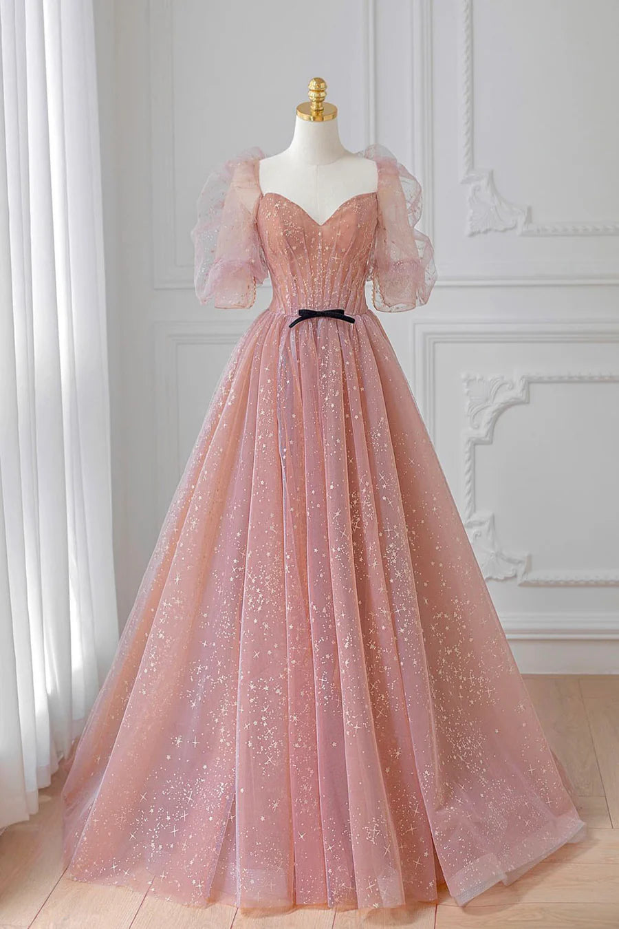 Pink Tulle Floor Length Prom Dress, Lovely Short Sleeve Graduation Party Dress TP452
