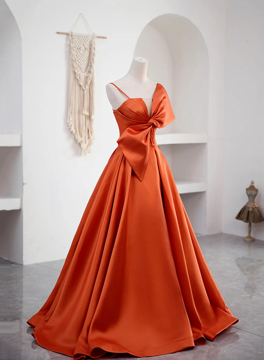 Spaghetti Straps Orange Satin Prom Formal Dress, A-Line Floor Length Evening Dress TP454