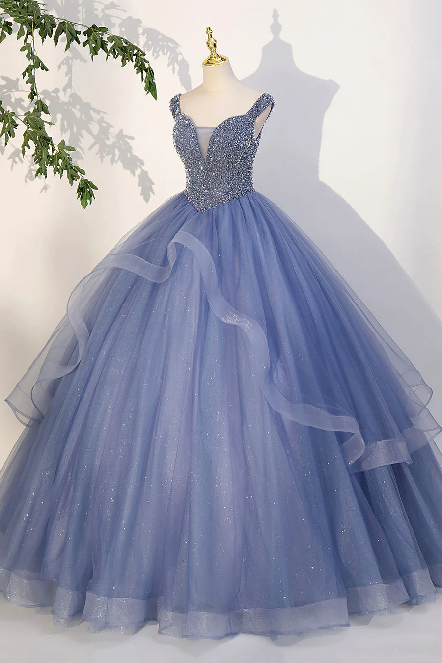Blue Beaded Tulle Long A-Line Prom Dress, Blue Formal Evening Dress TP456