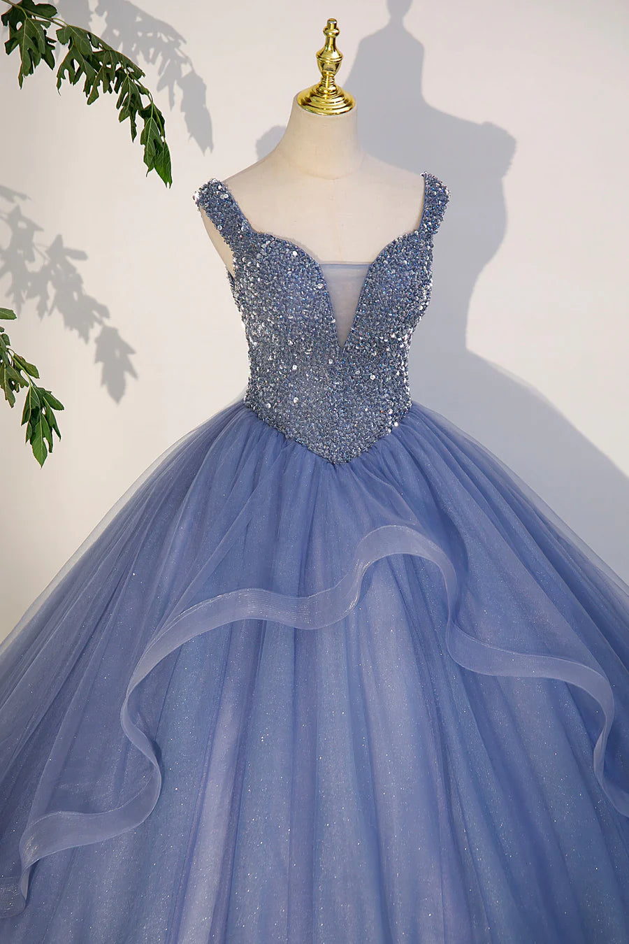 Blue Beaded Tulle Long A-Line Prom Dress, Blue Formal Evening Dress TP456
