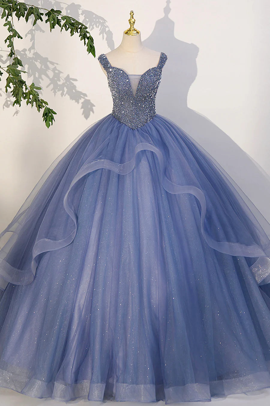 Blue Beaded Tulle Long A-Line Prom Dress, Blue Formal Evening Dress TP456