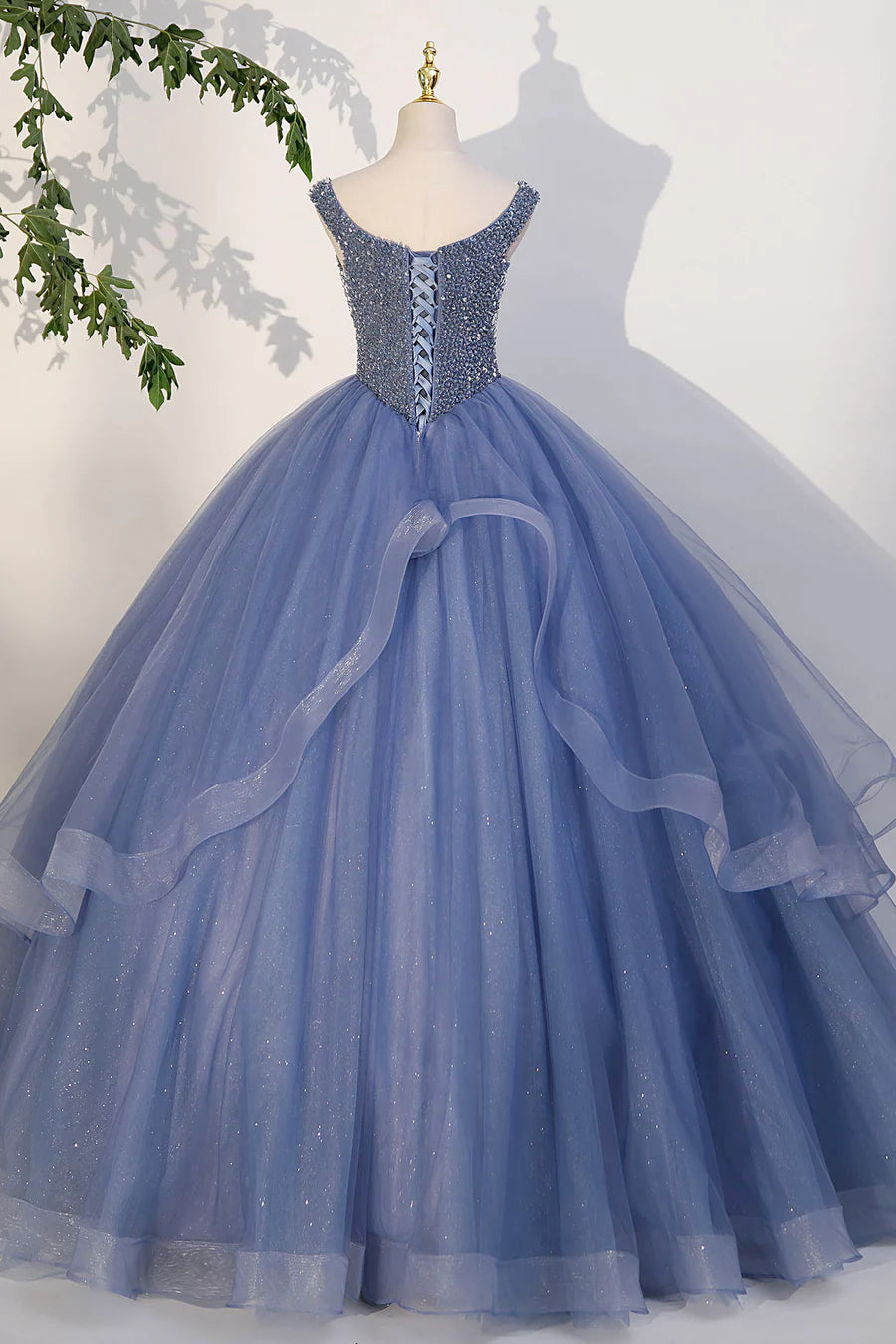 Blue Beaded Tulle Long A-Line Prom Dress, Blue Formal Evening Dress TP456