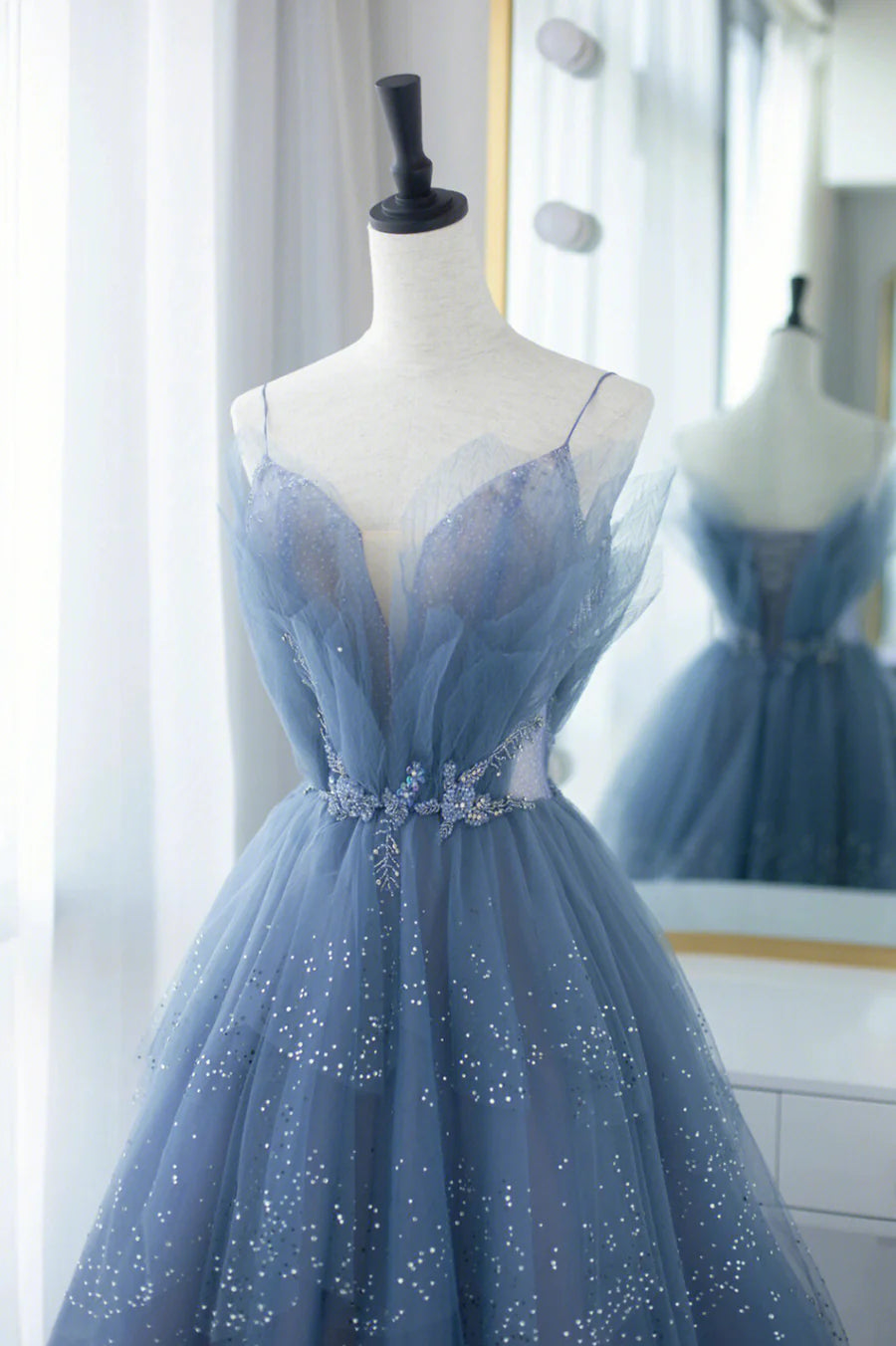 Blue Tulle Long A-Line Prom Dresses, Blue Evening Dresses with Beaded TP460