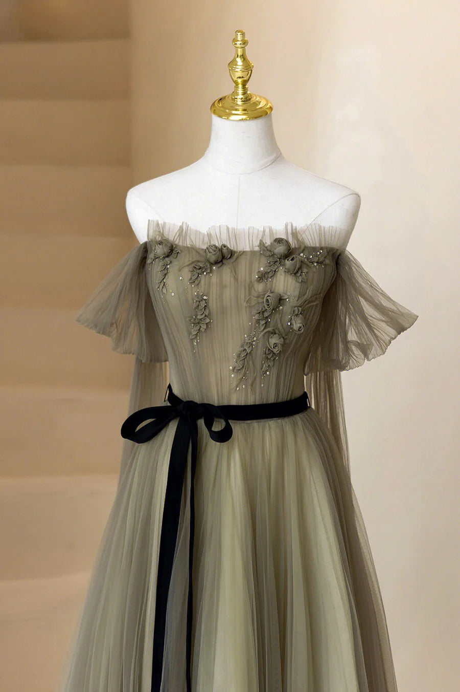 A-Line Tulle Long Prom Dress, Off the Shoulder Formal Evening Dress TP464