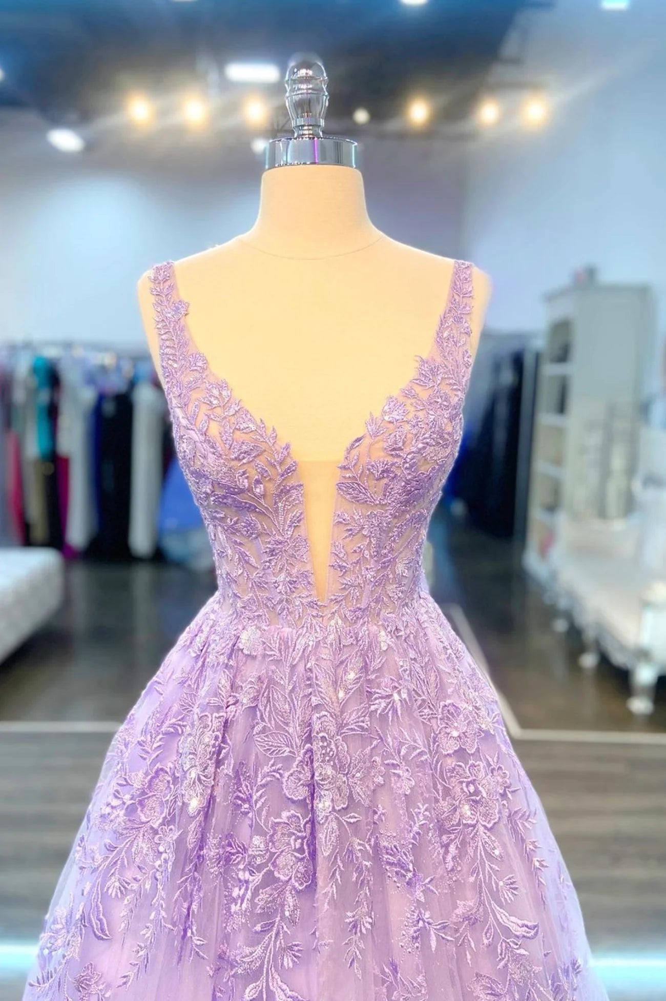 Purple V-Neck Lace Long Prom Dress, Purple A-Line Formal Evening Dress TP474