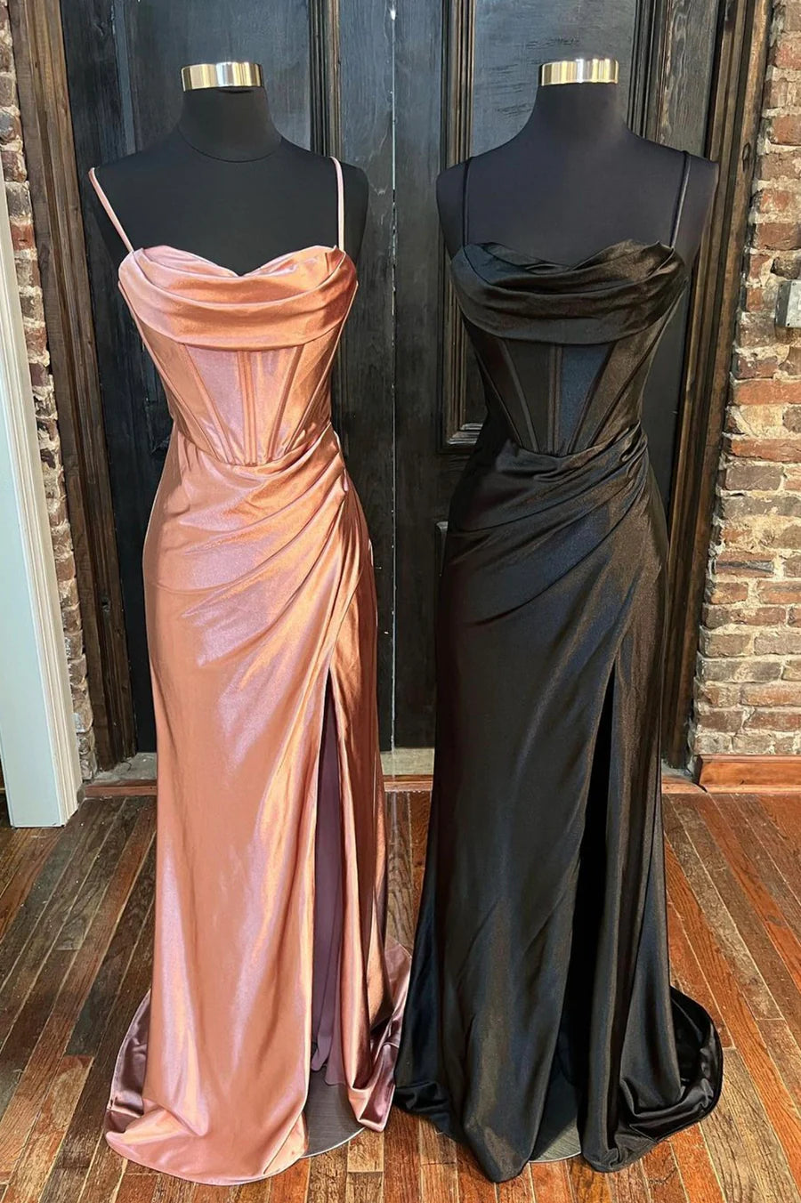 Simple Satin Long Mermaid Prom Dress, Spaghetti Straps Party Dress with Slit TP476