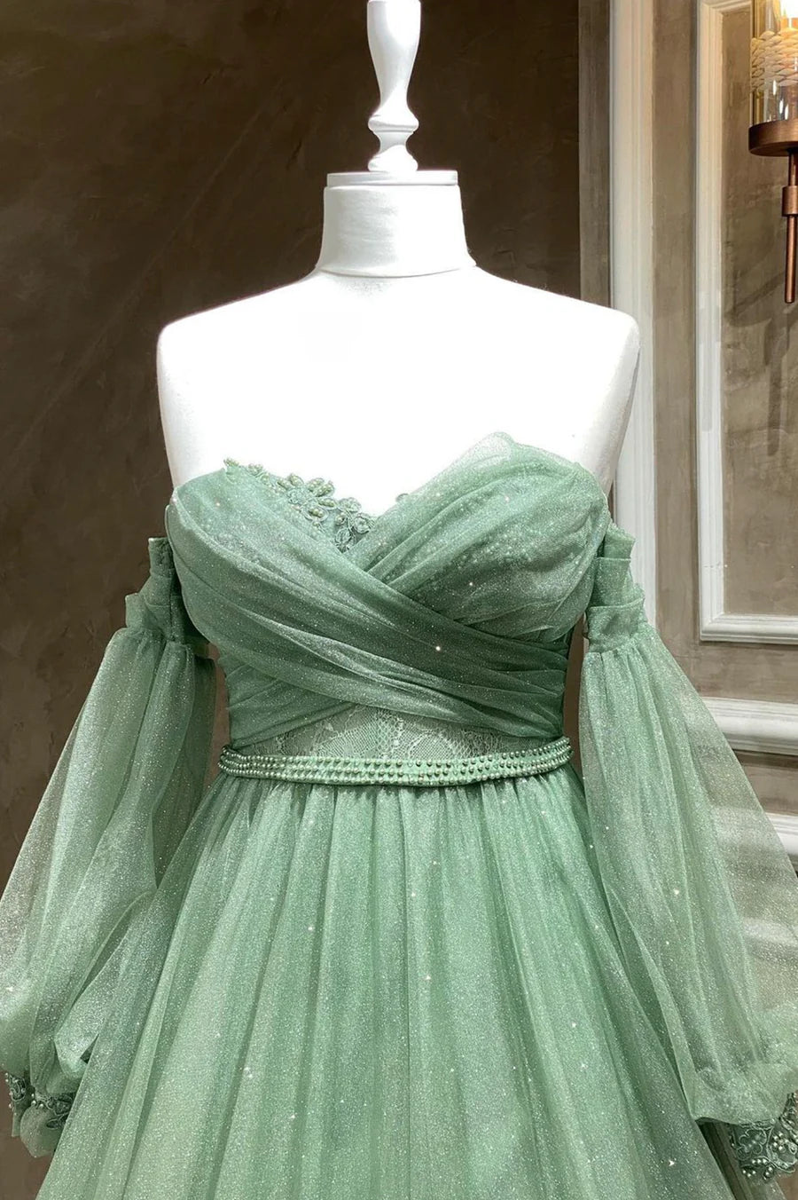 Green Tulle Long Sleeve Prom Dress, A-Line Off the Shoulder Evening Dress TP482