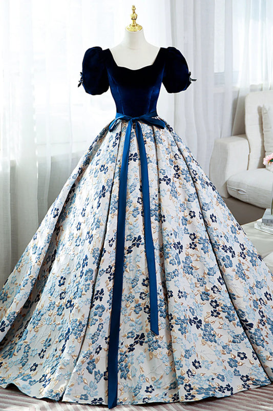 Blue Short Sleeve A-Line Floor Length Prom Dress, Blue Evening Dress TP490
