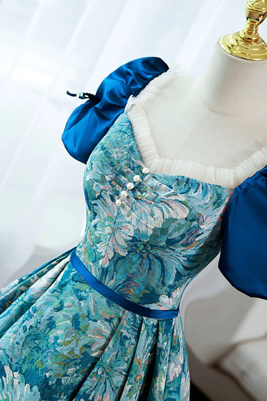 Blue Printed Long A-Line Prom Dress, Elegant Short Sleeve Formal Dress TP491