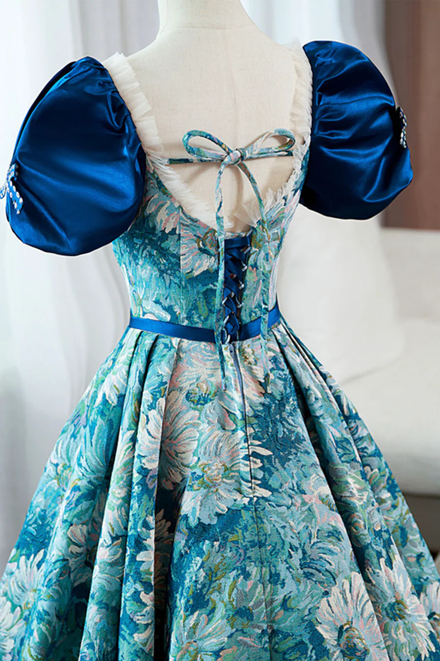 Blue Printed Long A-Line Prom Dress, Elegant Short Sleeve Formal Dress TP491