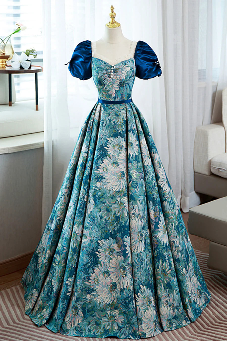 Blue Printed Long A-Line Prom Dress, Elegant Short Sleeve Formal Dress TP491