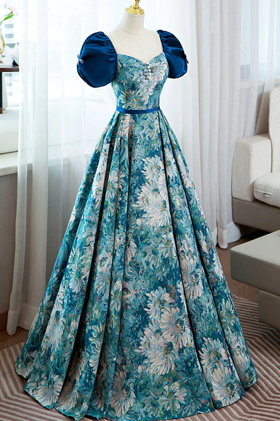 Blue Printed Long A-Line Prom Dress, Elegant Short Sleeve Formal Dress TP491
