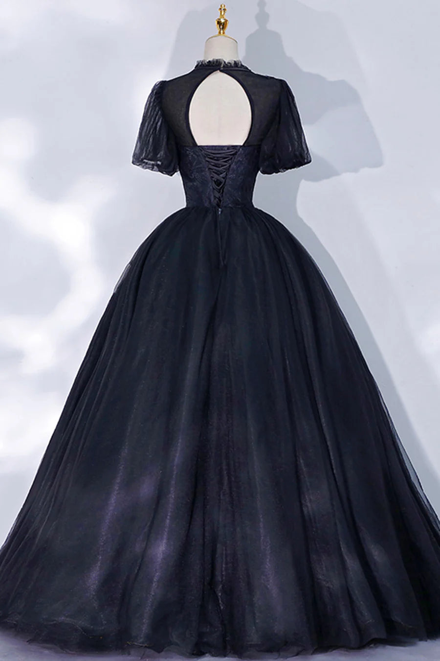 Black Tulle Lace Long A-Line Prom Dress, A-Line Short Sleeve Evening Gown TP498