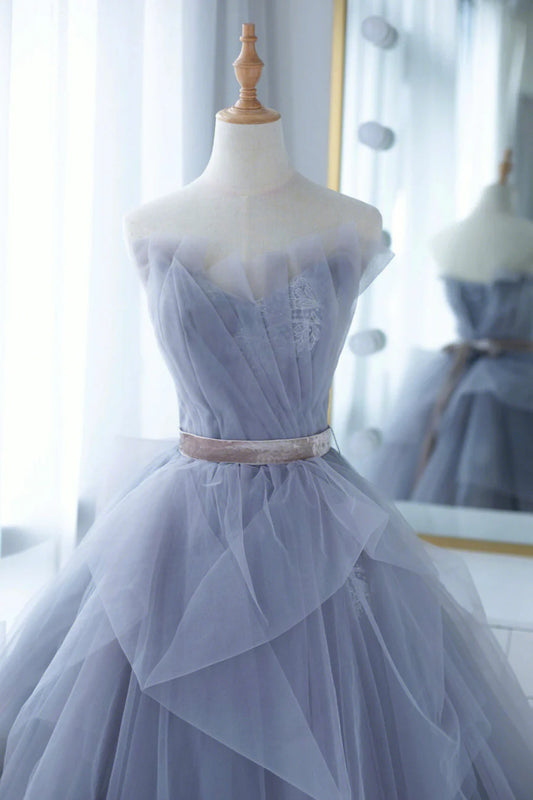 Blue Tulle Lace Long Prom Dress, A-Line Strapless Evening Gown TP507