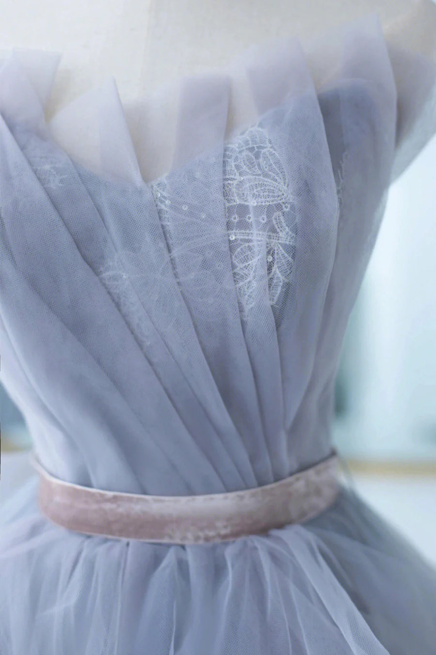 Blue Tulle Lace Long Prom Dress, A-Line Strapless Evening Gown TP507