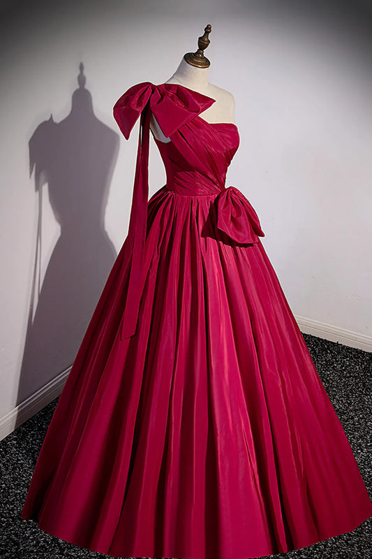 Burgundy Satin Long Prom Dress, One Shoulder Evening Dress with Bow TP509