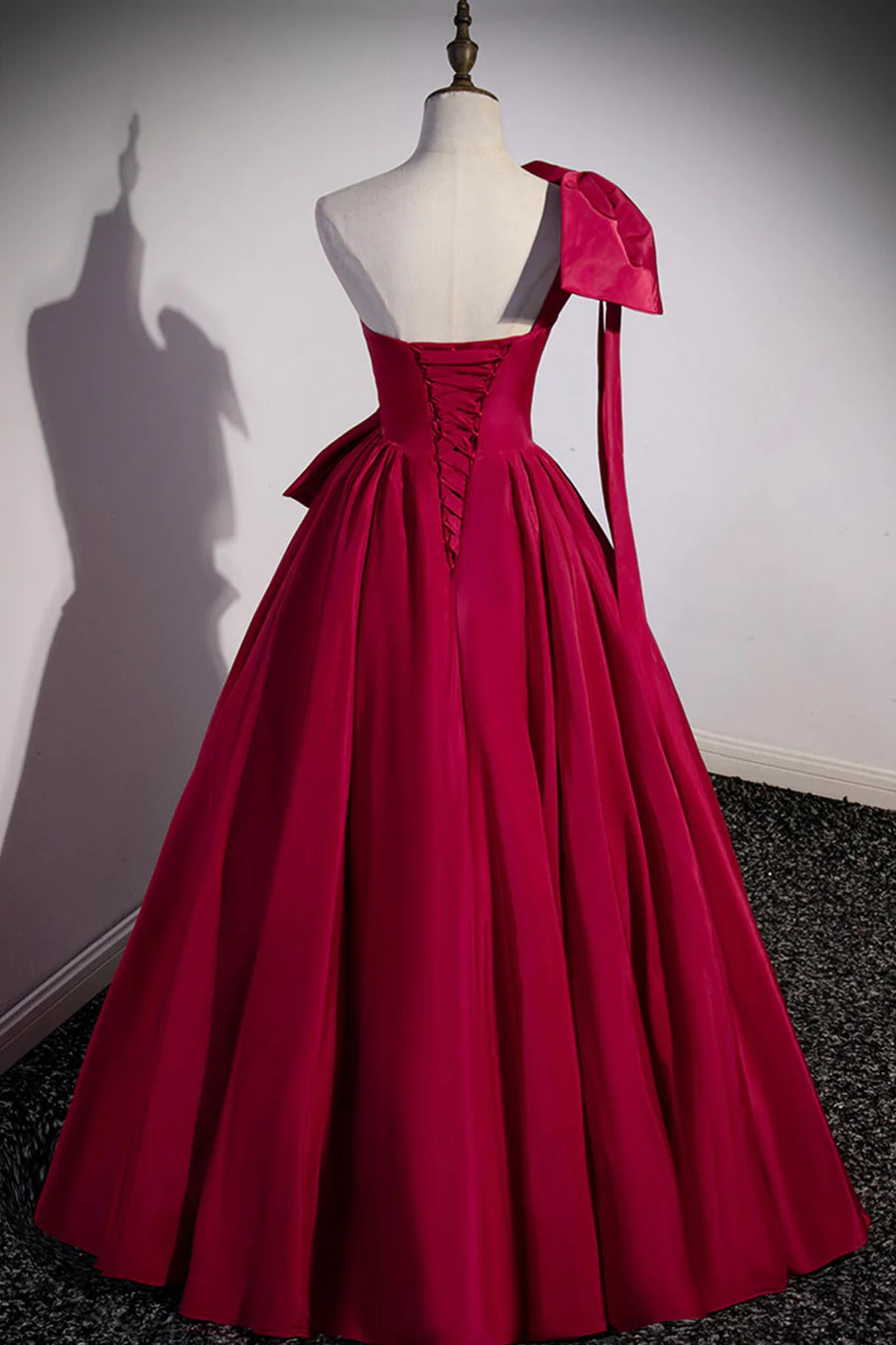 Burgundy Satin Long Prom Dress, One Shoulder Evening Dress with Bow TP509
