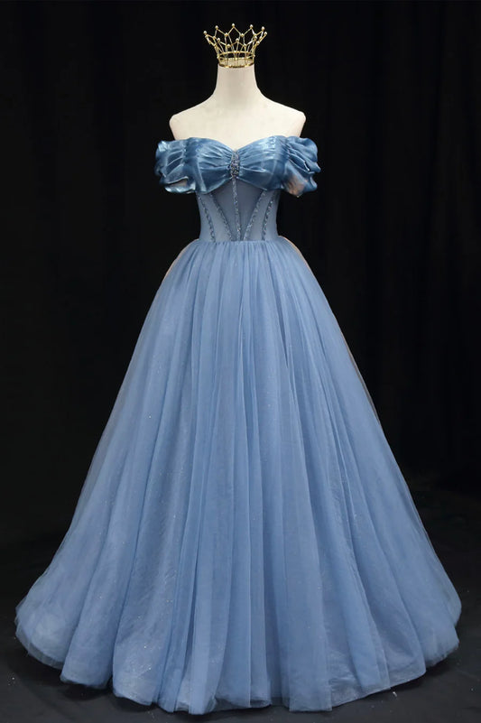 Blue Tulle Beaded Long Prom Dress, Elegant A-Line Blue Evening Dress TP517
