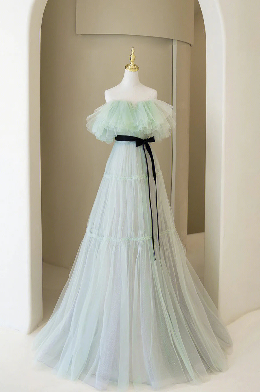 Green Tulle Floor Length Prom Dress, A-Line Off Shoulder Evening Dress TP520