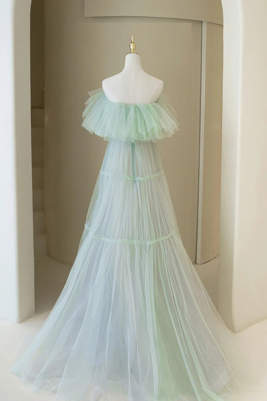 Green Tulle Floor Length Prom Dress, A-Line Off Shoulder Evening Dress TP520