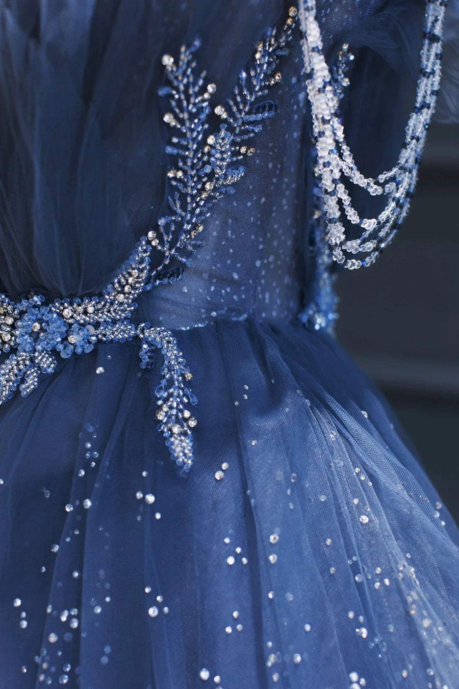 Blue Tulle Beaded Long Senior Prom Dress, A-Line Blue Formal Dress TP532