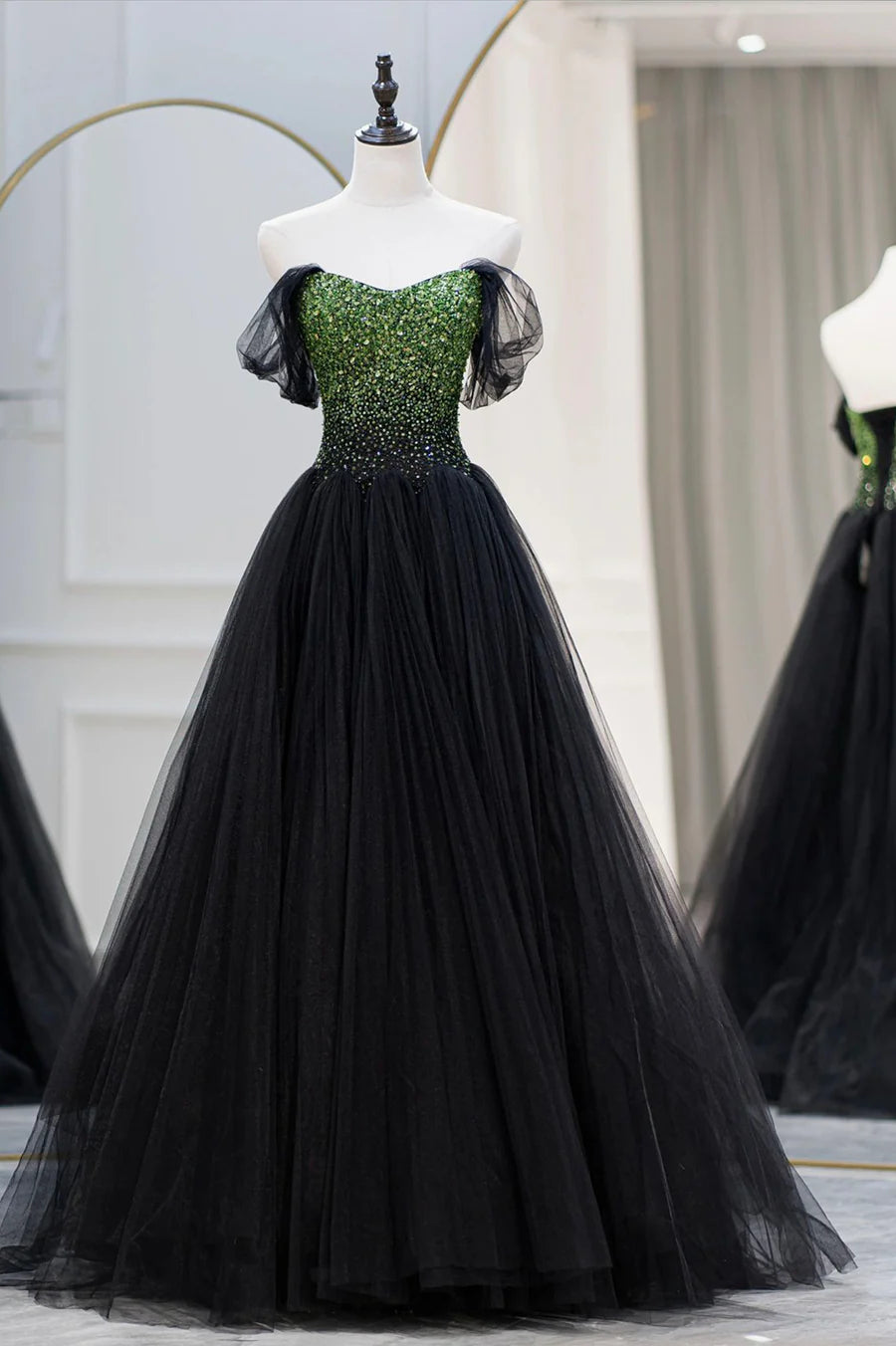 Black Tulle Long A-Line Prom Dress, Black Evening Dress with Green Beaded TP534