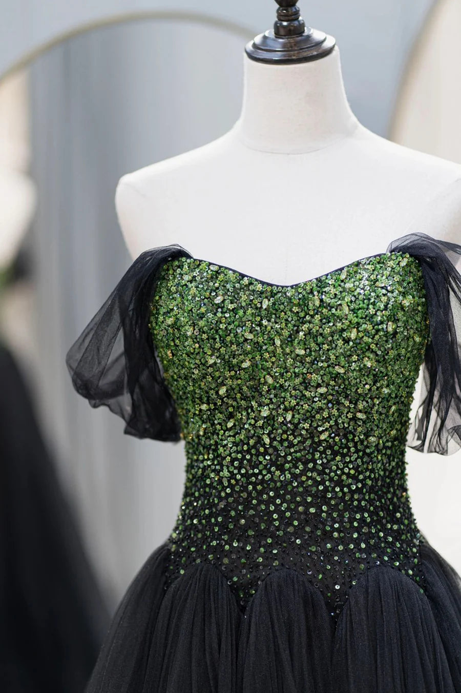 Black Tulle Long A-Line Prom Dress, Black Evening Dress with Green Beaded TP534