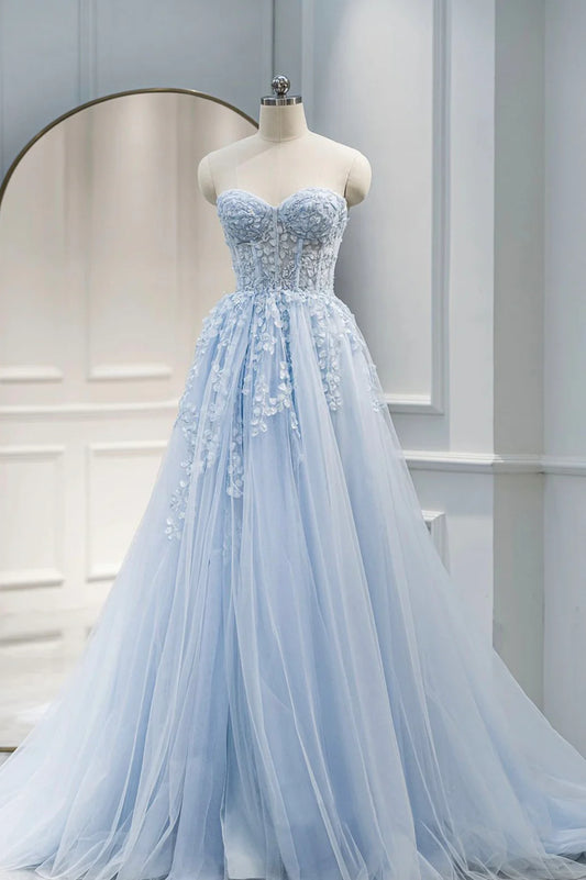 Blue Sweetheart Neck Lace Floor Length Prom Dress, Lovely Blue Evening Dress TP535
