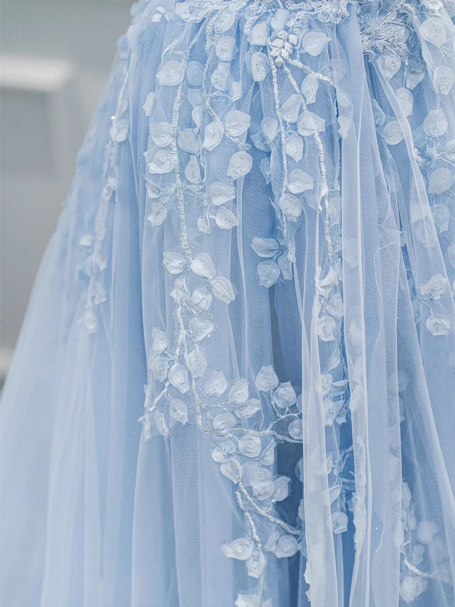 Blue Sweetheart Neck Lace Floor Length Prom Dress, Lovely Blue Evening Dress TP535