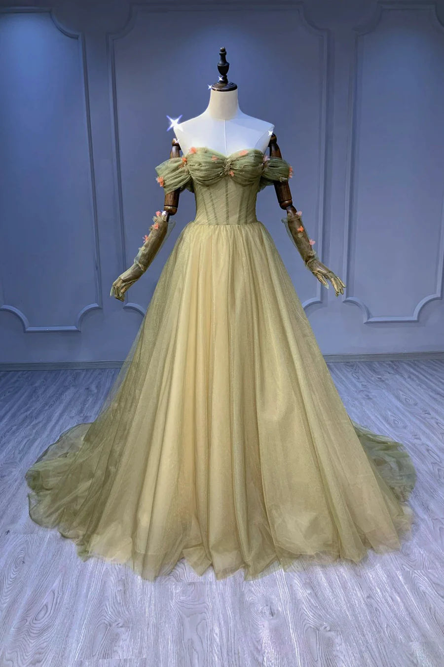 Green Tulle Long A-Line Prom Dress, Off the Shoulder Evening Party Dress TP536