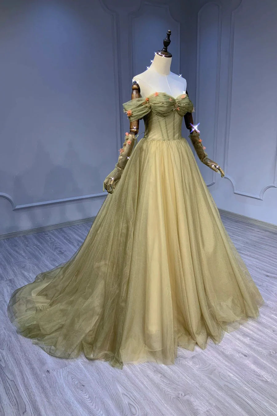 Green Tulle Long A-Line Prom Dress, Off the Shoulder Evening Party Dress TP536