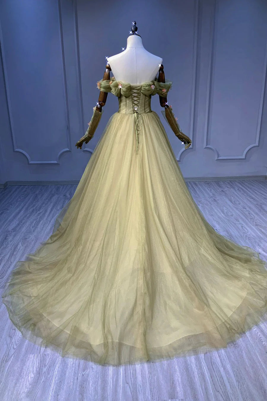 Green Tulle Long A-Line Prom Dress, Off the Shoulder Evening Party Dress TP536