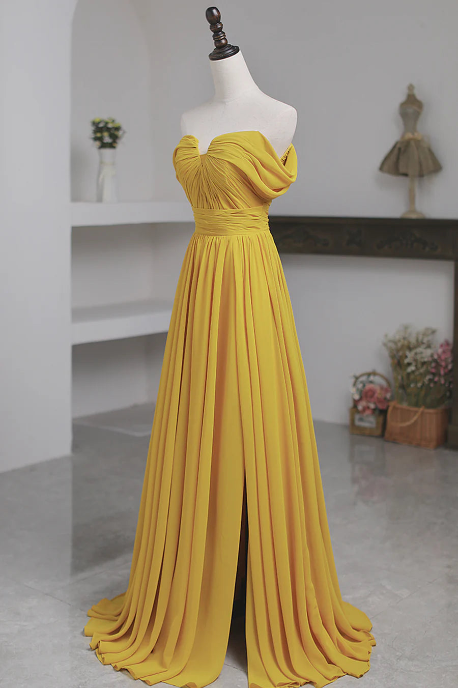 Yellow Chiffon Long Prom Dress, A-Line Off the Shoulder Evening Dress TP551