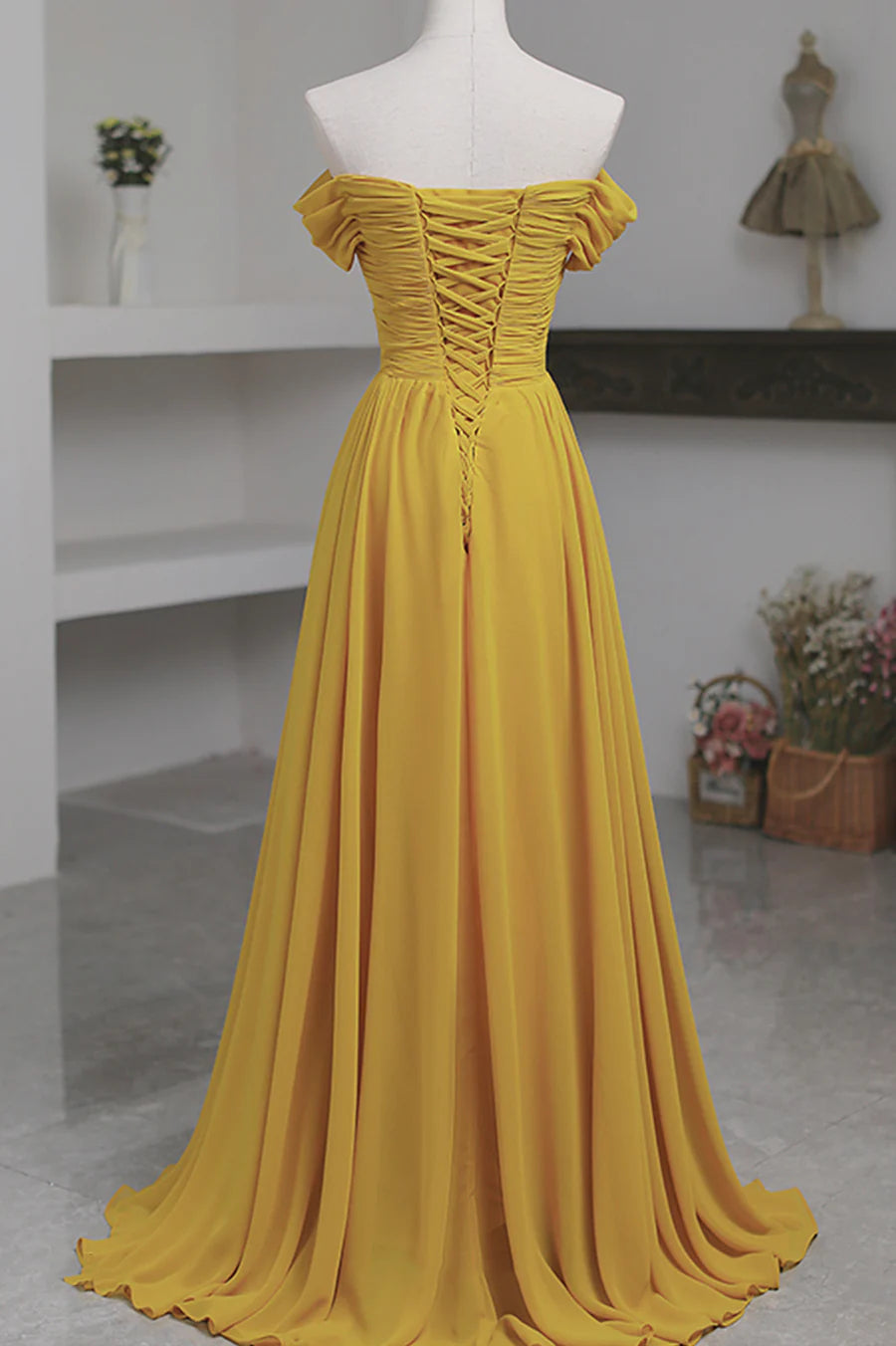 Yellow Chiffon Long Prom Dress, A-Line Off the Shoulder Evening Dress TP551