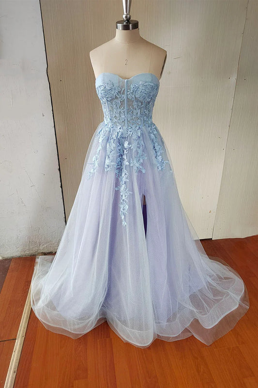 Blue Strapless Lace Long A-Line Prom Dress, Blue Evening Party Dress TP552