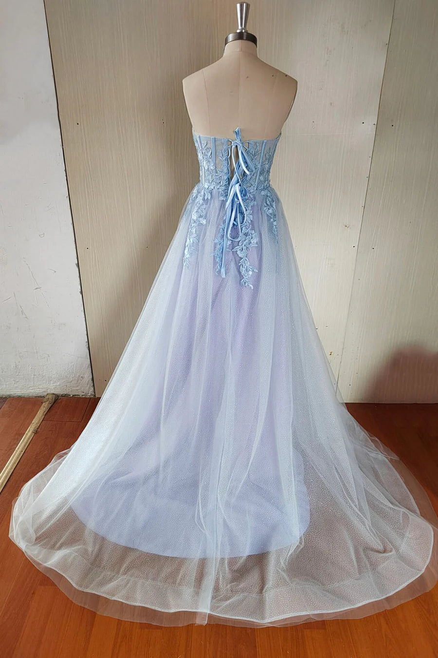 Blue Strapless Lace Long A-Line Prom Dress, Blue Evening Party Dress TP552