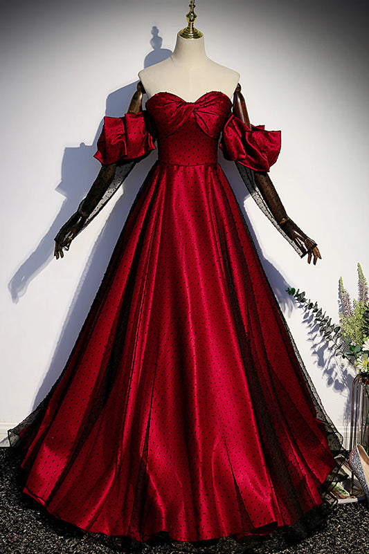 Burgundy Satin Tulle Long Prom Dress, A-Line Sweetheart Neck Evening Dress TP556
