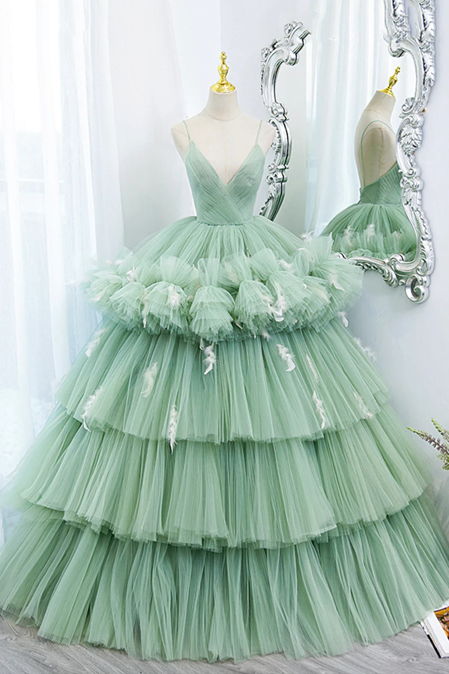 Green V-Neck Layers Tulle Long Ball Gown, A-Line Formal Gown TP557