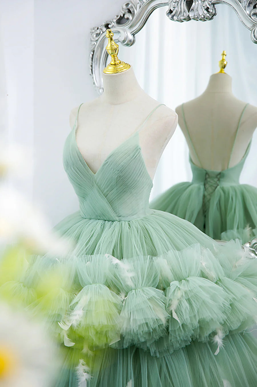 Green V-Neck Layers Tulle Long Ball Gown, A-Line Formal Gown TP557