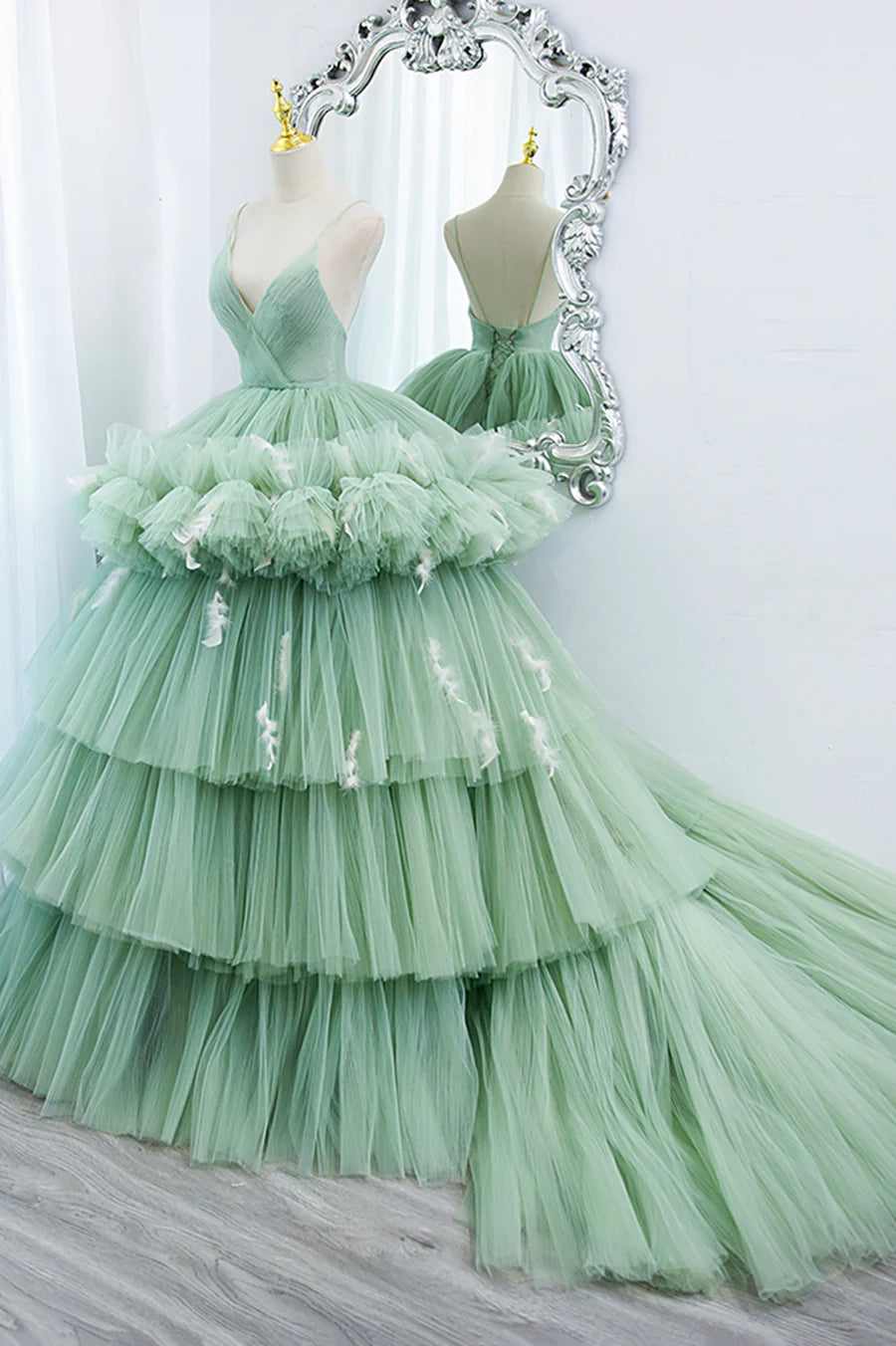 Green V-Neck Layers Tulle Long Ball Gown, A-Line Formal Gown TP557