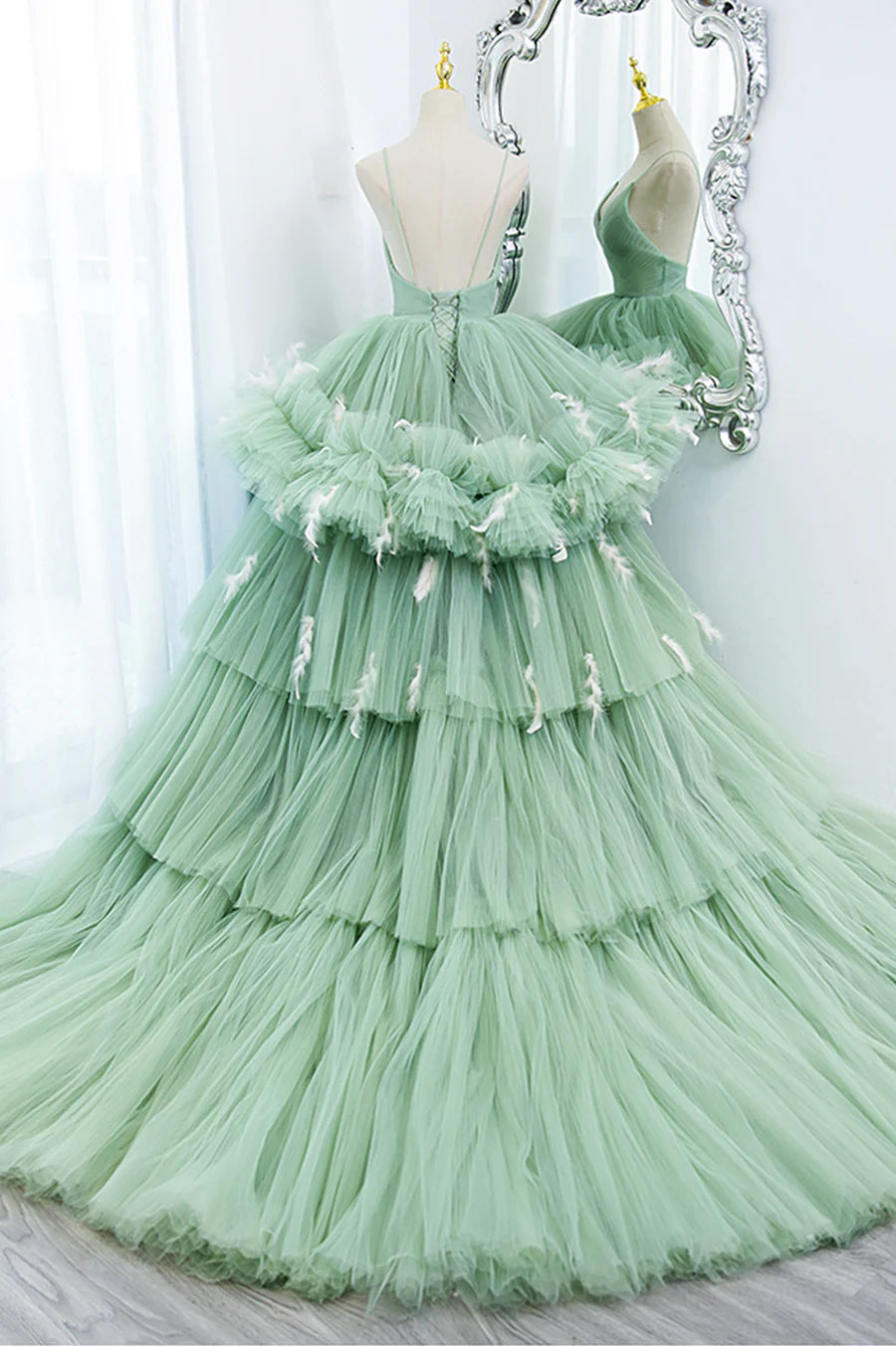 Green V-Neck Layers Tulle Long Ball Gown, A-Line Formal Gown TP557